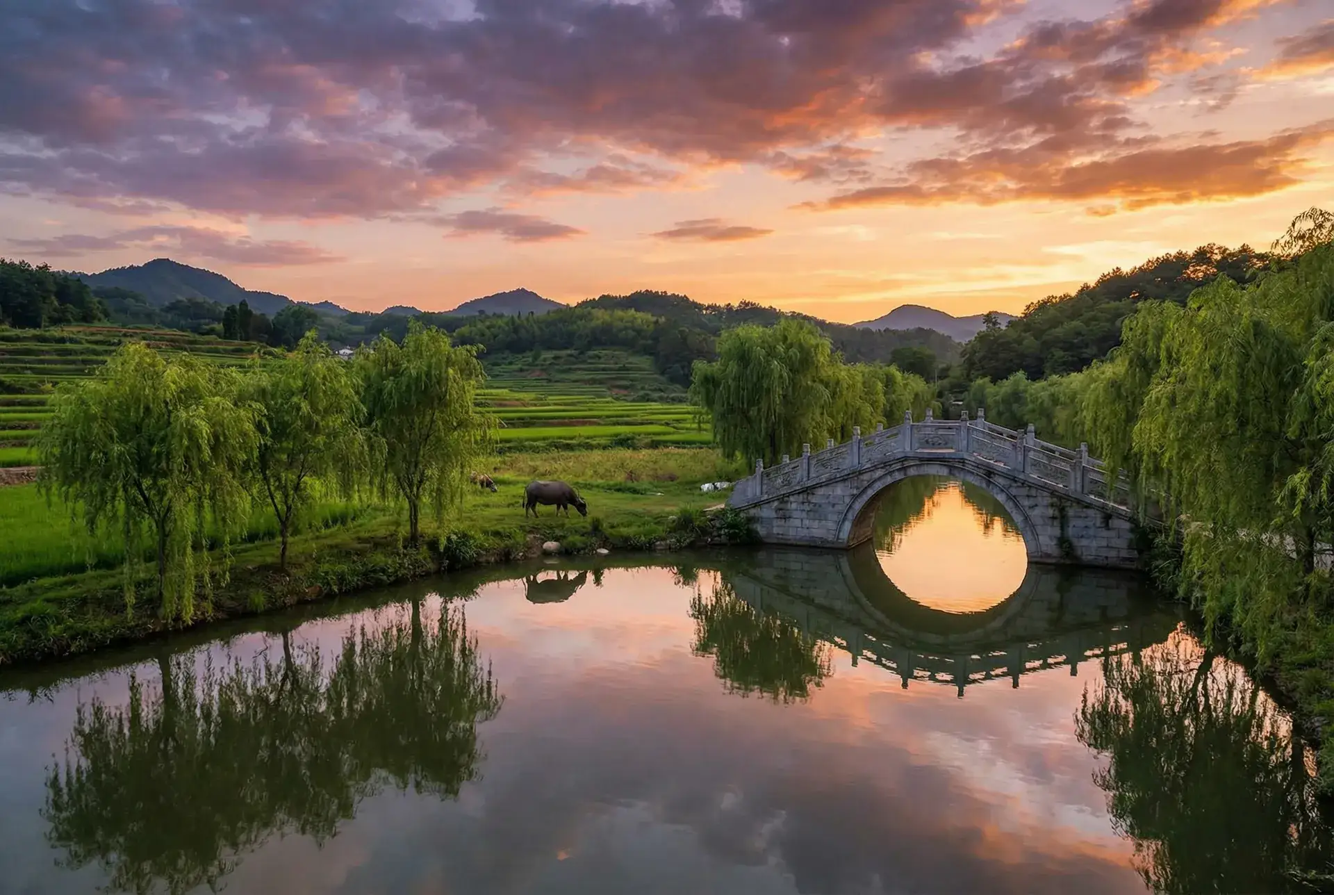 夕阳下的石拱桥与垂柳，水牛在河边吃草 - 幸福到万家免费完整版在线观看 乡村美景